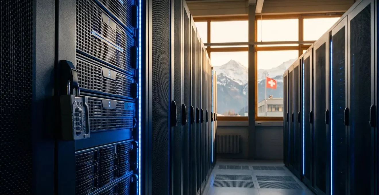 Centre de données moderne en Suisse avec montagnes alpines visibles par les fenêtres