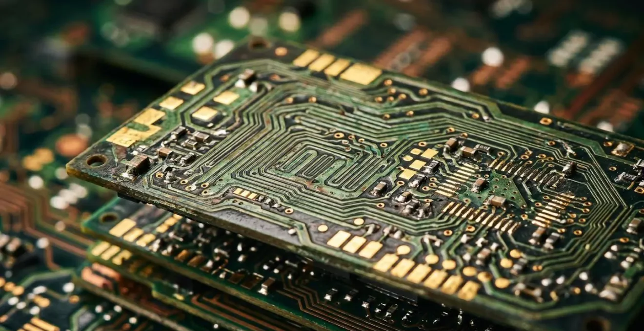 Macro photographie de circuits imprimés empilés montrant l'accumulation de couches technologiques