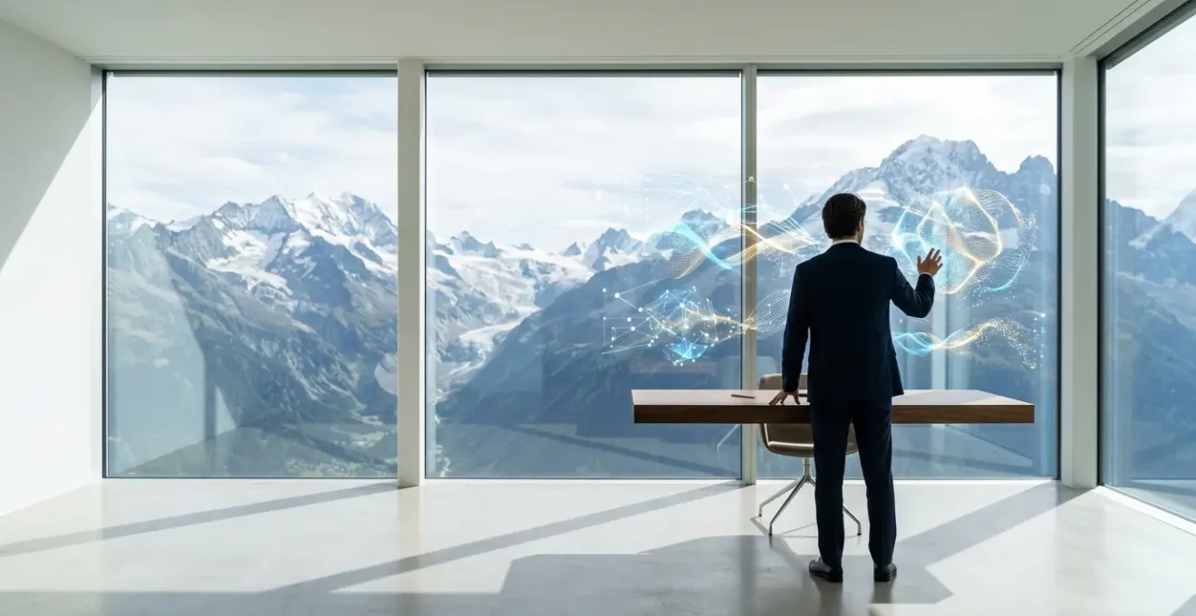 Dirigeant d'entreprise analysant des indicateurs de performance clés sur plusieurs écrans dans un bureau moderne