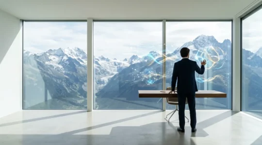 Dirigeant d'entreprise analysant des indicateurs de performance clés sur plusieurs écrans dans un bureau moderne