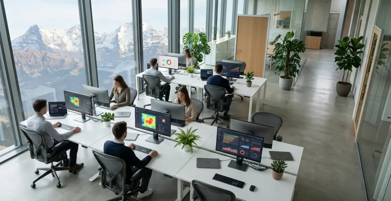 Vue aérienne d'un bureau moderne avec plusieurs écrans affichant différents tableaux de bord marketing