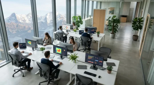 Vue aérienne d'un bureau moderne avec plusieurs écrans affichant différents tableaux de bord marketing