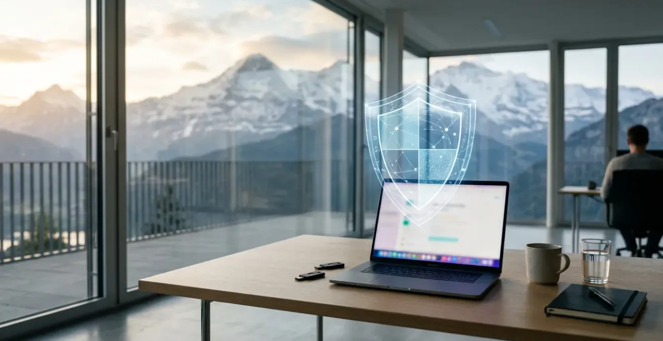 Bureau moderne suisse avec vue sur les montagnes, écrans floutés et cadenas symbolique représentant la protection des données nLPD