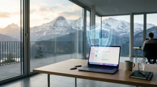 Bureau moderne suisse avec vue sur les montagnes, écrans floutés et cadenas symbolique représentant la protection des données nLPD