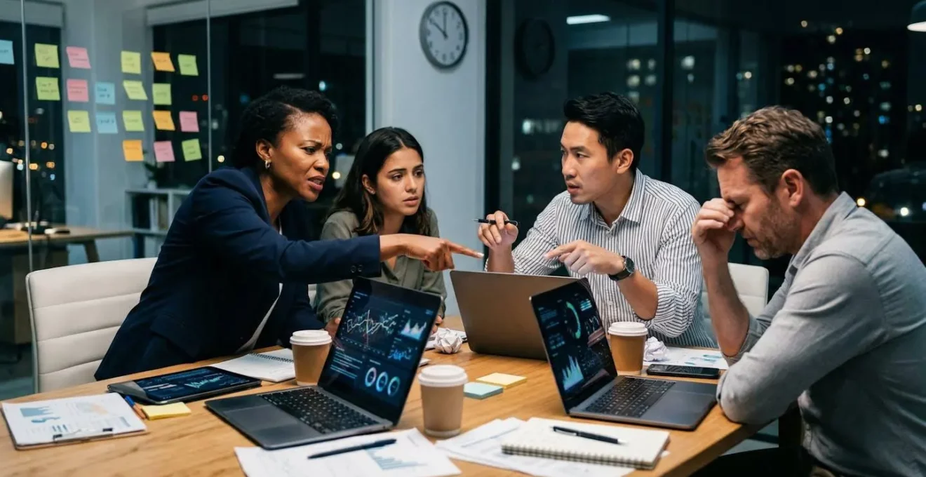 Équipe marketing en réunion de crise autour d'une table avec graphiques de performance