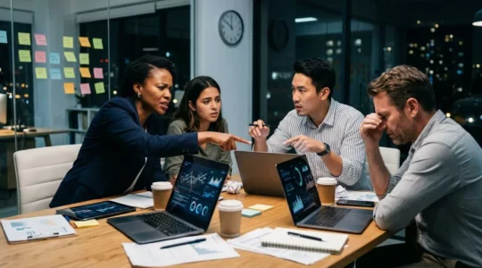 Équipe marketing en réunion de crise autour d'une table avec graphiques de performance
