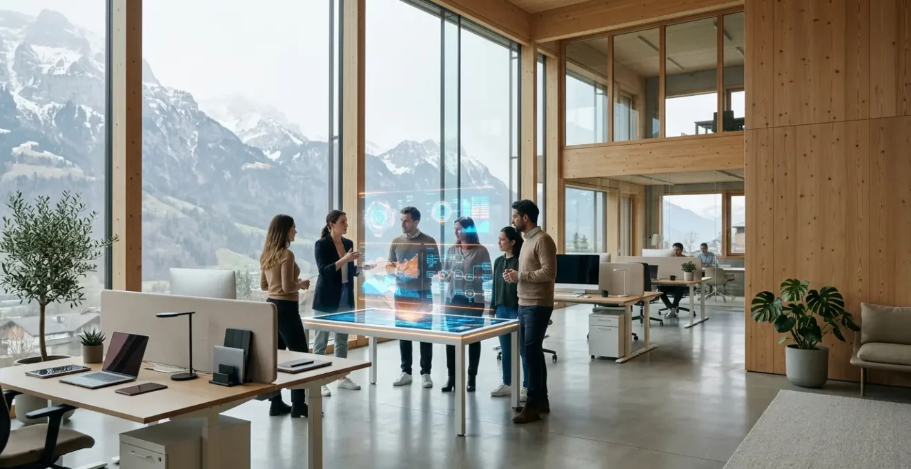 Équipe collaborative travaillant sur la création de contenu dans un espace technologique moderne avec vue sur les montagnes suisses