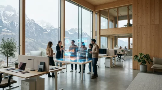 Équipe collaborative travaillant sur la création de contenu dans un espace technologique moderne avec vue sur les montagnes suisses