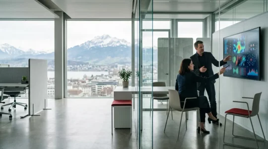 Professionnels analysant des données de prospects qualifiés dans un environnement moderne