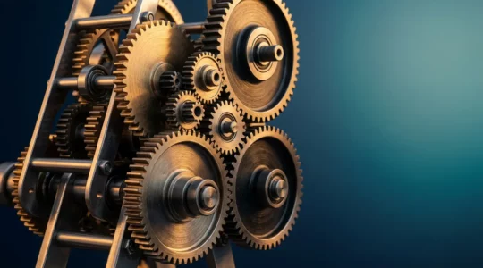 Système d'engrenages métalliques interconnectés symbolisant l'automatisation marketing dans un environnement digital épuré