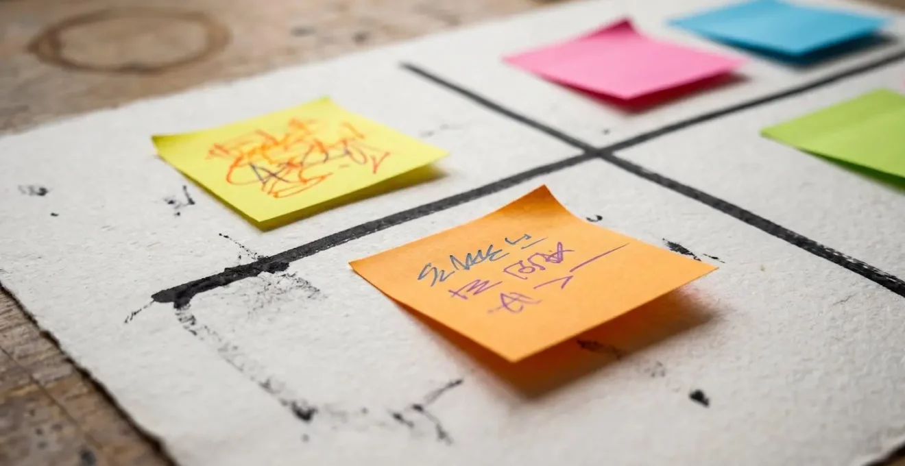 Vue macro d'une matrice dessinée sur papier avec post-its colorés