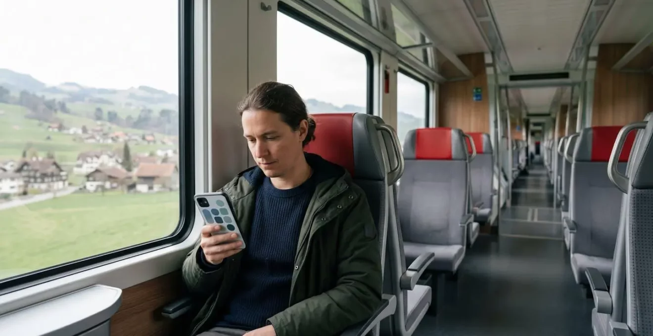 Interface mobile montrant un menu hamburger épuré avec sélecteur de langue pour la Suisse