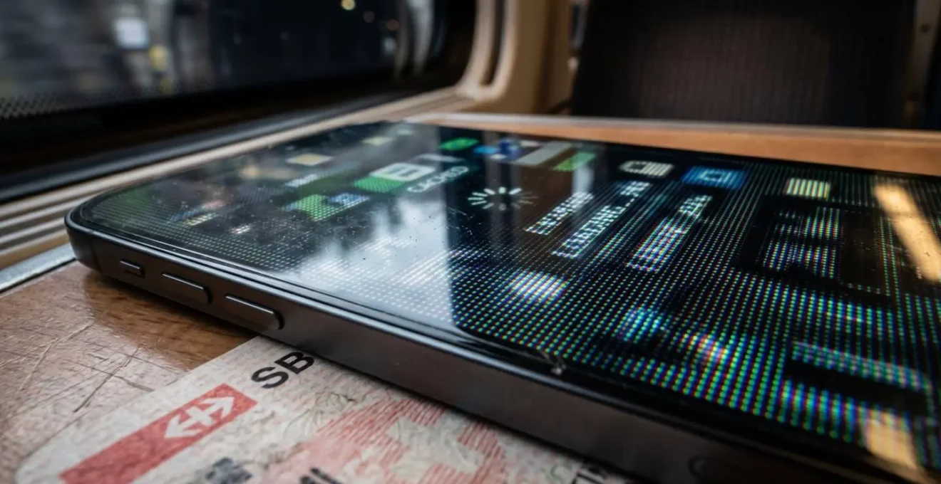 Voyageur consultant son smartphone dans un train CFF traversant un tunnel alpin