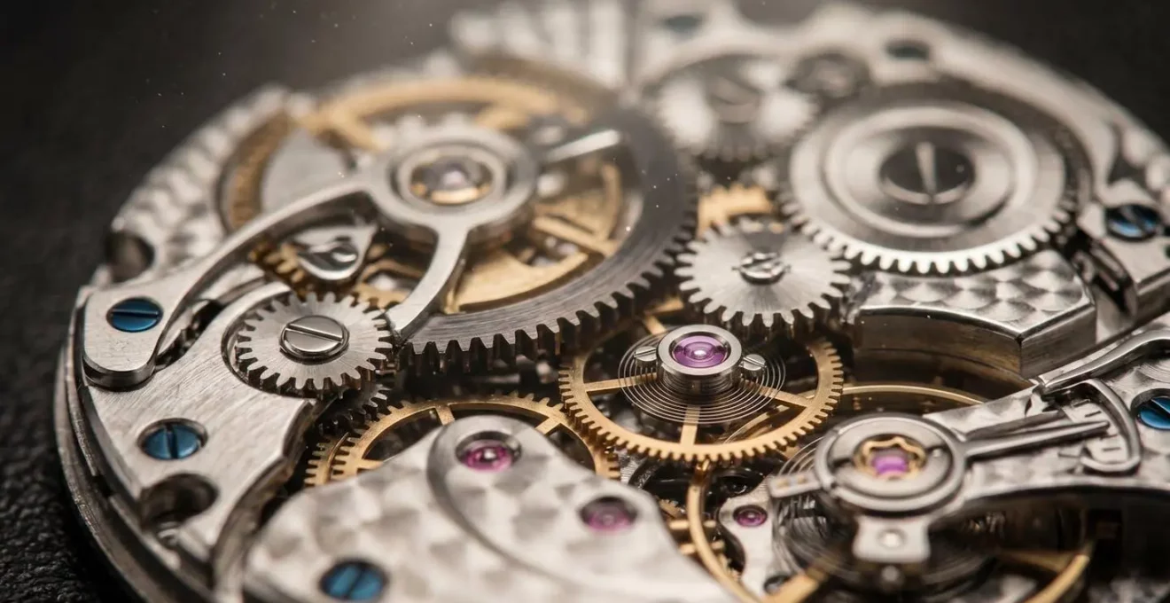 Détail macro d'une montre suisse de luxe montrant la qualité des textures et finitions