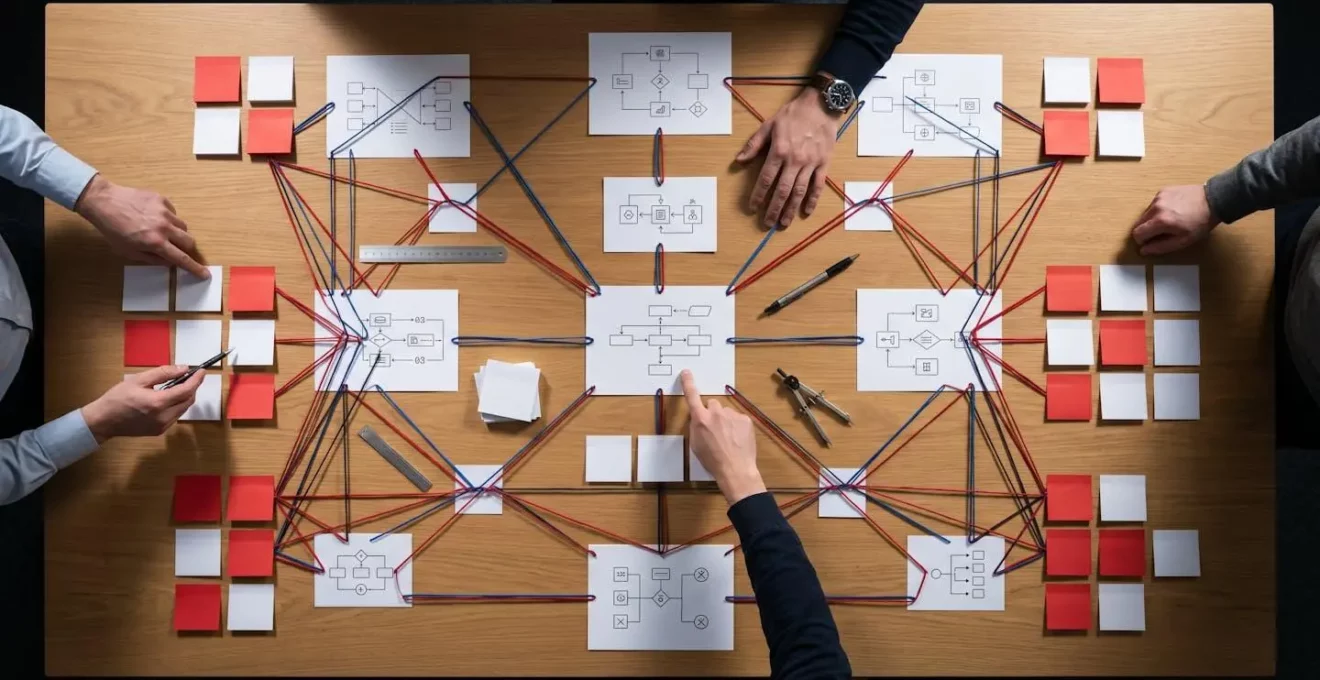 Équipe collaborative travaillant sur un plan de taggage avec documents et post-its