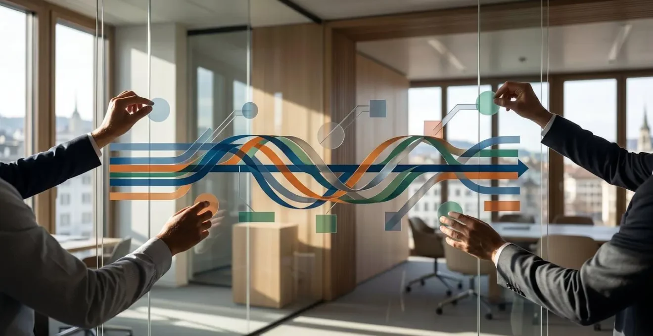 Tableau de planification stratégique avec jalons et phases de transformation digitale sur 12 mois