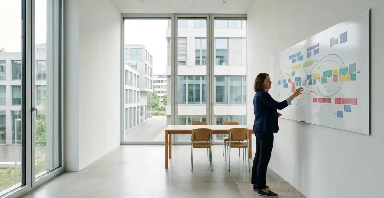 Vue large d'un tableau blanc avec planning annuel divisé en sprints trimestriels