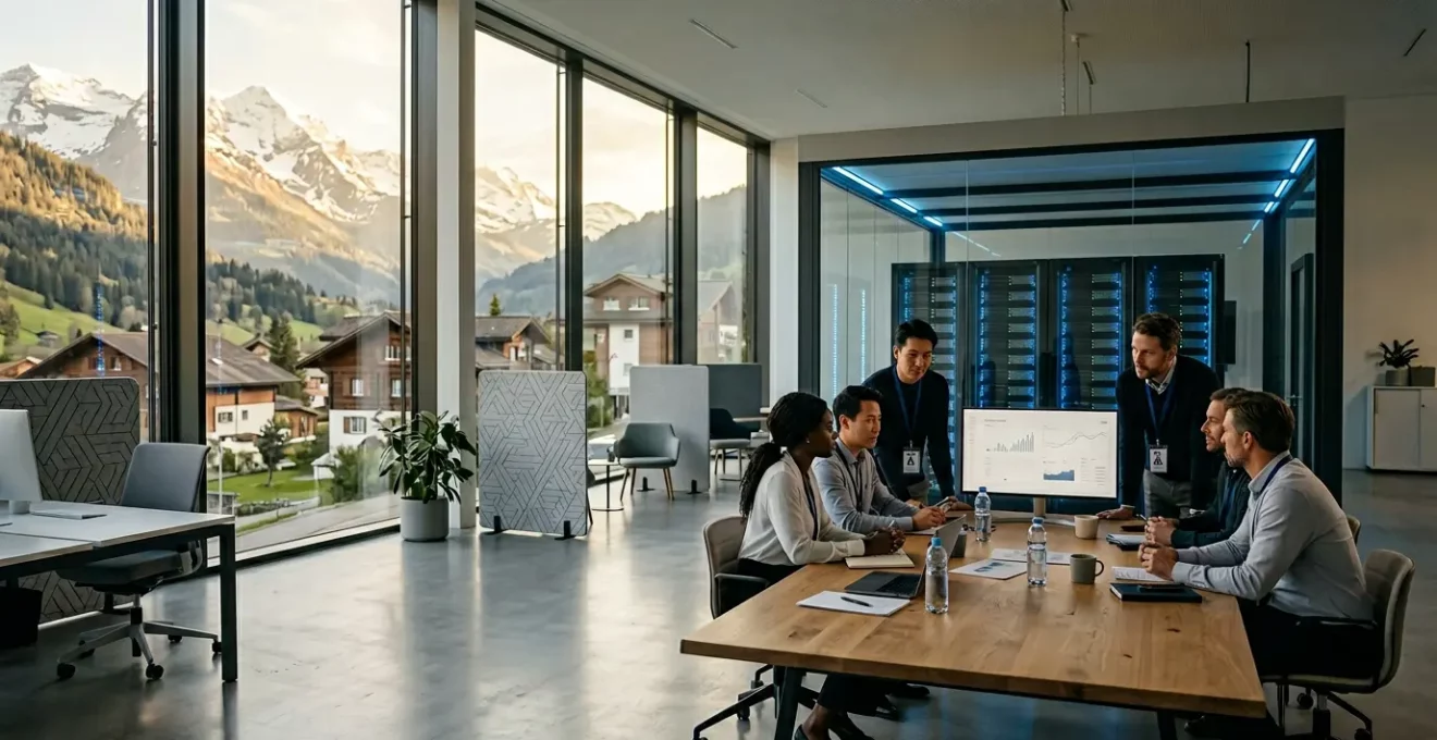 Bureau moderne d'une PME suisse avec dispositifs de cybersécurité visibles et architecture alpine en arrière-plan