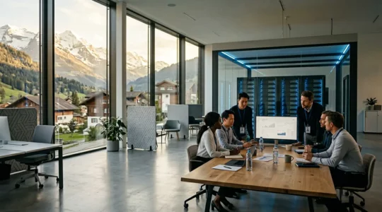 Bureau moderne d'une PME suisse avec dispositifs de cybersécurité visibles et architecture alpine en arrière-plan