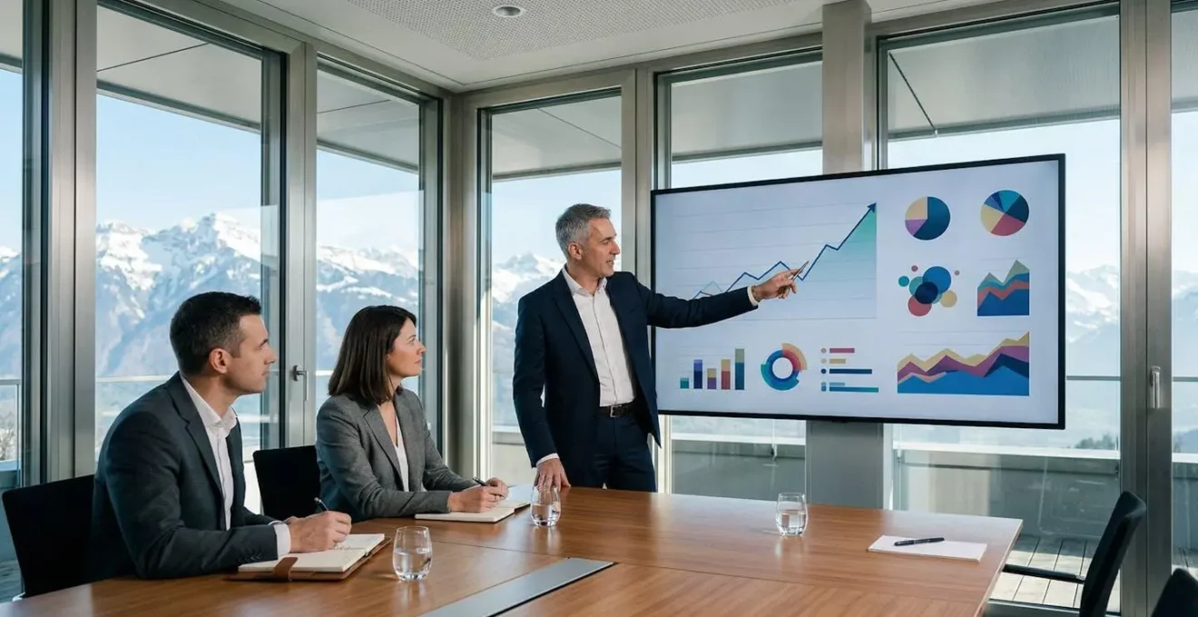 Présentation d'affaires avec graphiques dans un cadre professionnel suisse