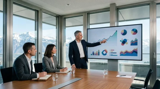 Présentation d'affaires avec graphiques dans un cadre professionnel suisse