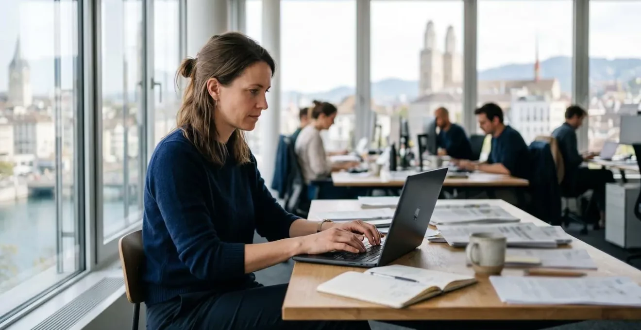 Journaliste travaillant sur un article natif dans une rédaction suisse moderne