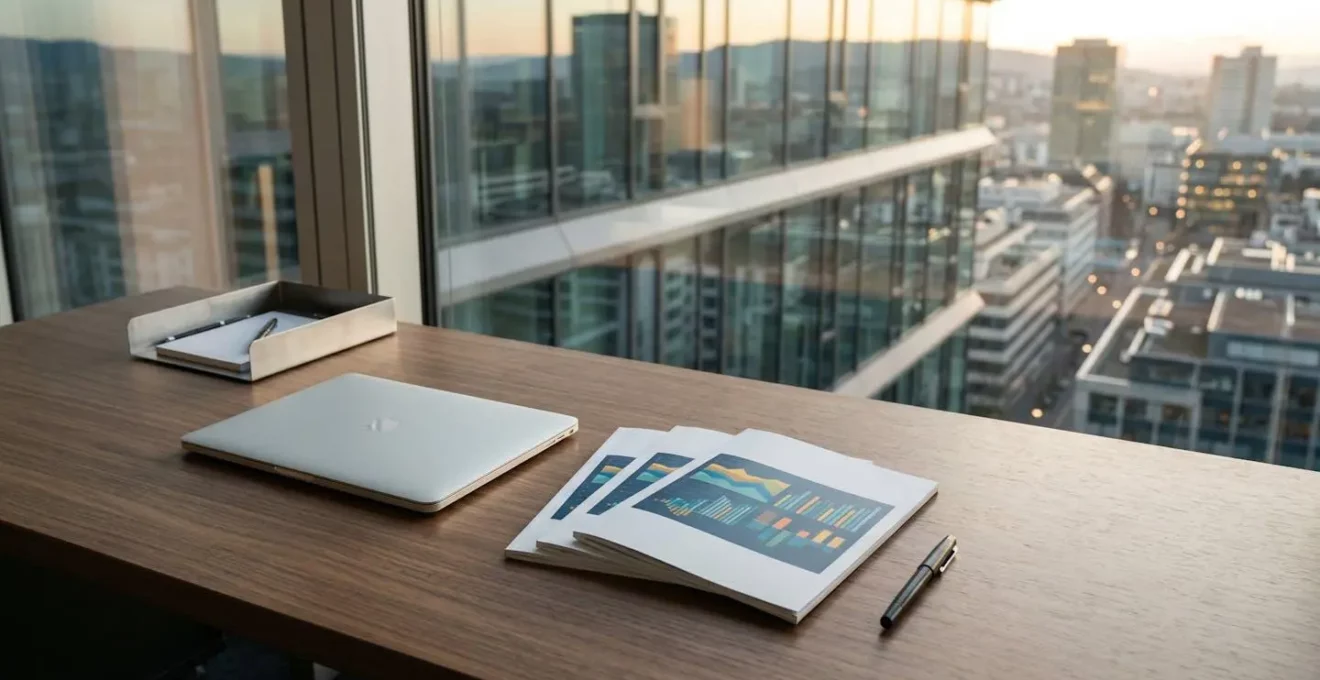 Bureau de dirigeant moderne avec écrans affichant des graphiques colorés et indicateurs de performance