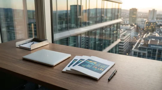 Bureau de dirigeant moderne avec écrans affichant des graphiques colorés et indicateurs de performance