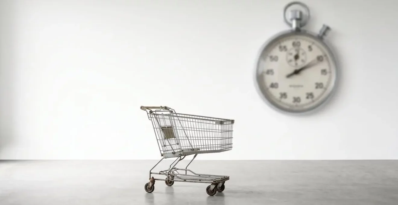 Composition minimaliste montrant un chronomètre flou en arrière-plan avec un caddie abandonné au premier plan