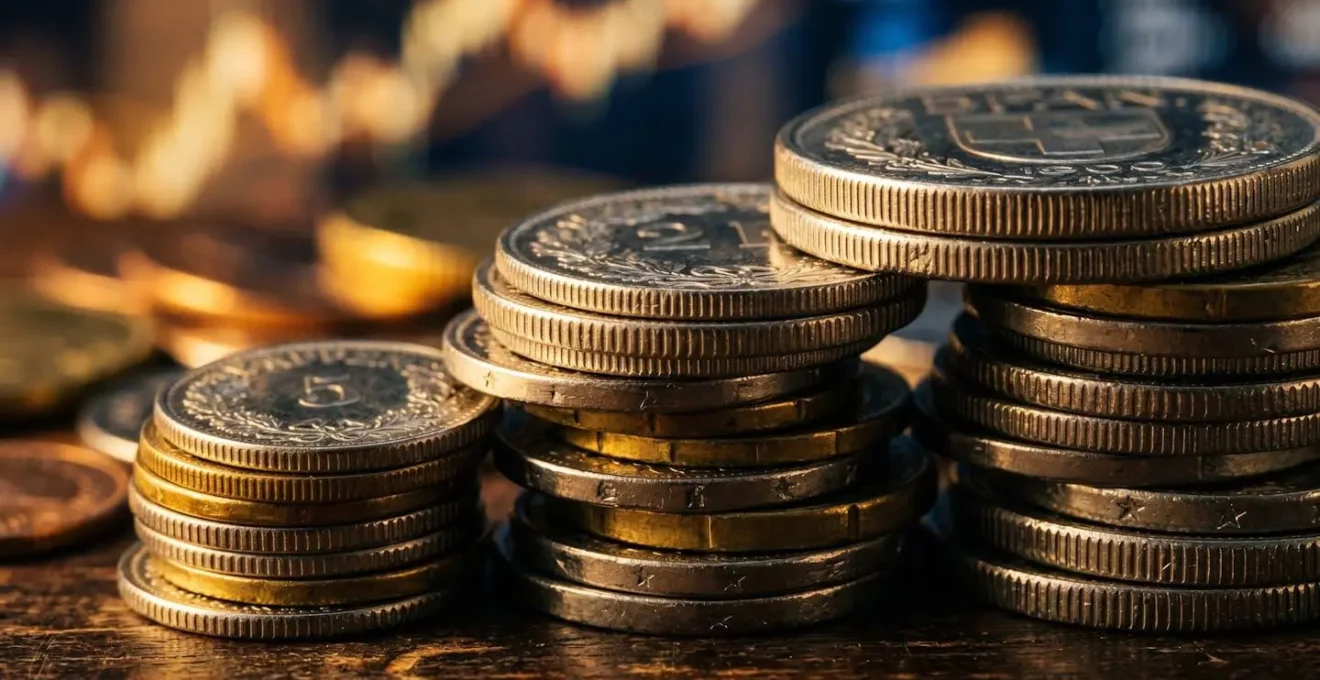 Pile de pièces de monnaie suisses symbolisant l'augmentation des coûts publicitaires.