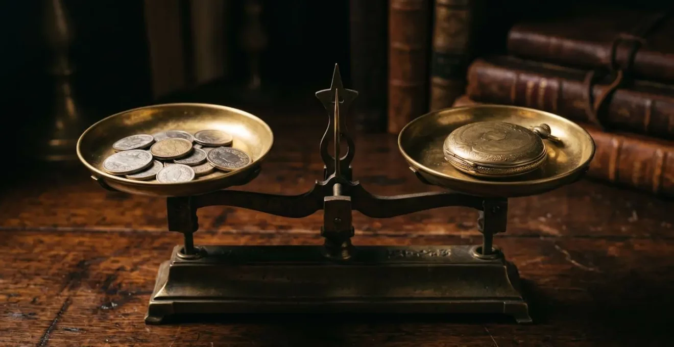 Balance symbolique équilibrant des pièces dorées avec une horloge suisse de luxe