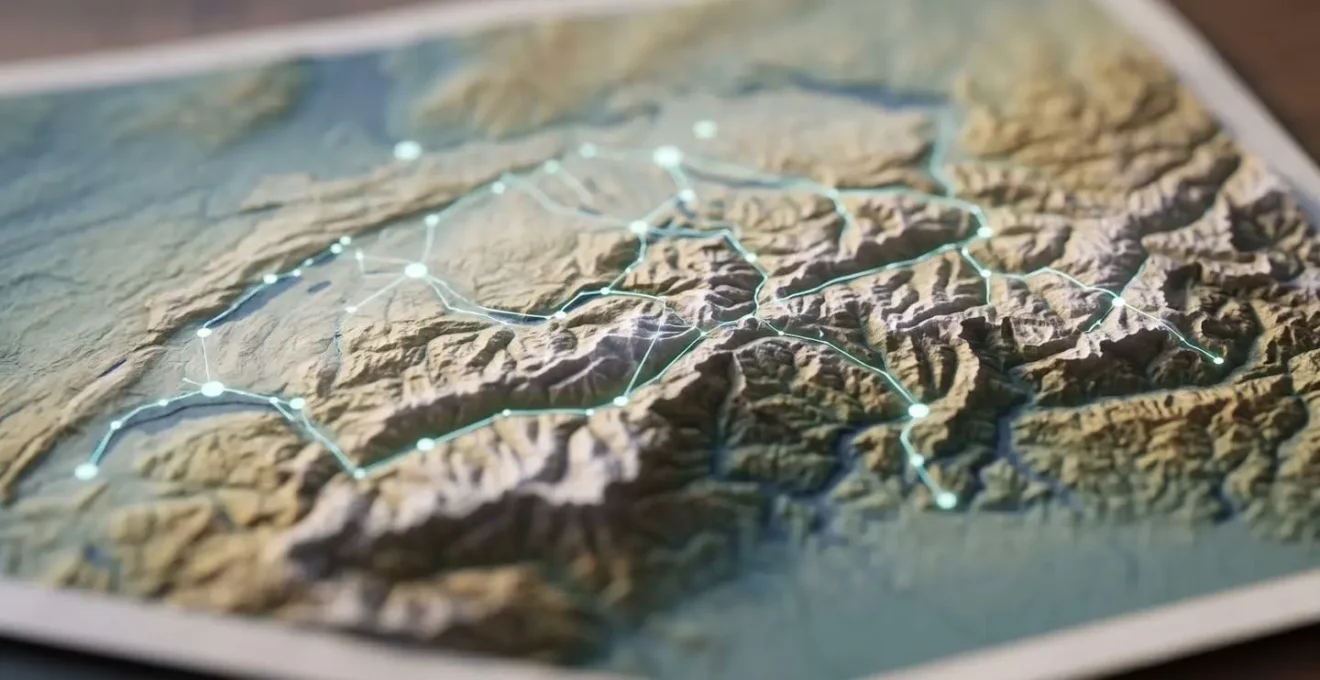 Vue macro d'une carte de la Suisse stylisée avec des points de connexion lumineux représentant les partenariats