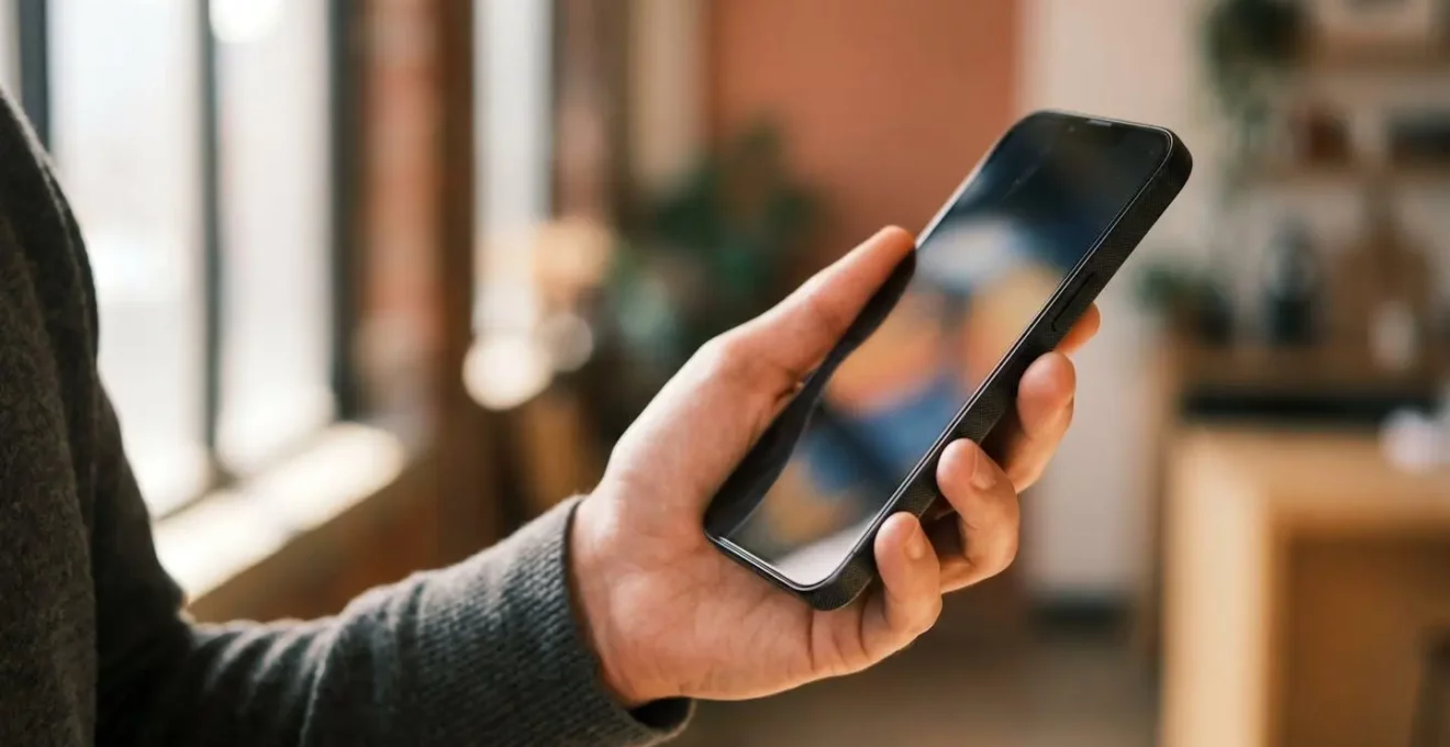 Vue latérale d'une main tenant un smartphone avec reflets colorés sur l'écran éteint