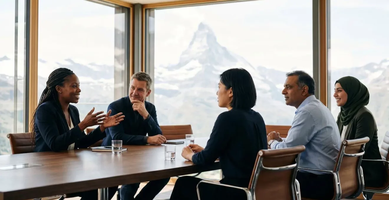 Équipe diverse dans une salle de réunion suisse moderne avec vue sur les Alpes, travaillant ensemble autour d'une table