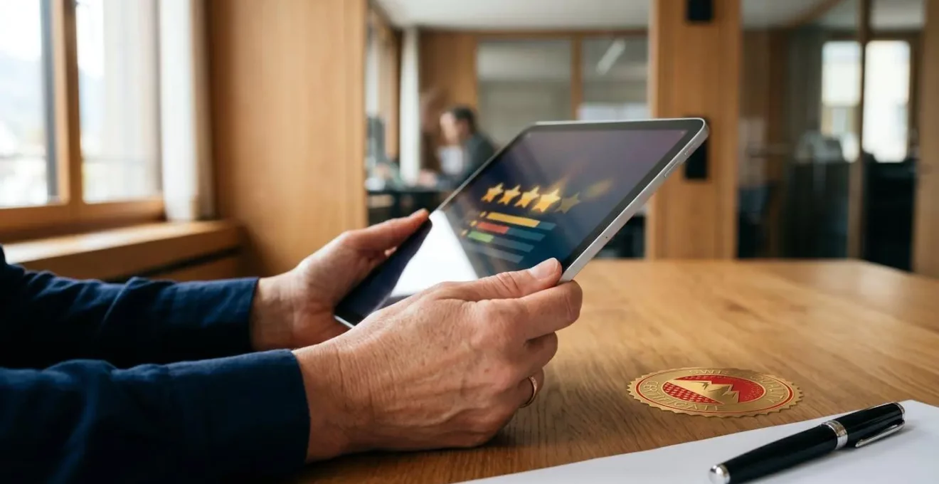 Mains tenant une tablette montrant des étoiles d'évaluation dans un environnement professionnel suisse