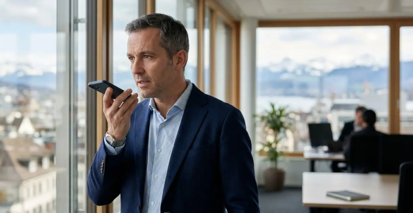 Personne utilisant la recherche vocale sur smartphone dans un bureau moderne suisse