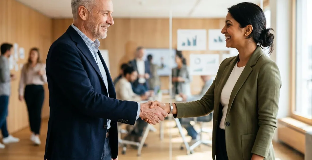 Poignée de main symbolisant un partenariat professionnel et la confiance mutuelle.
