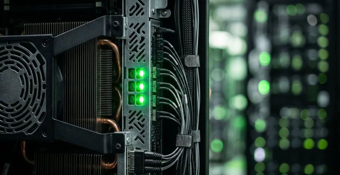 Centre de données suisse moderne avec serveurs et éclairage LED vert symbolisant l'énergie renouvelable